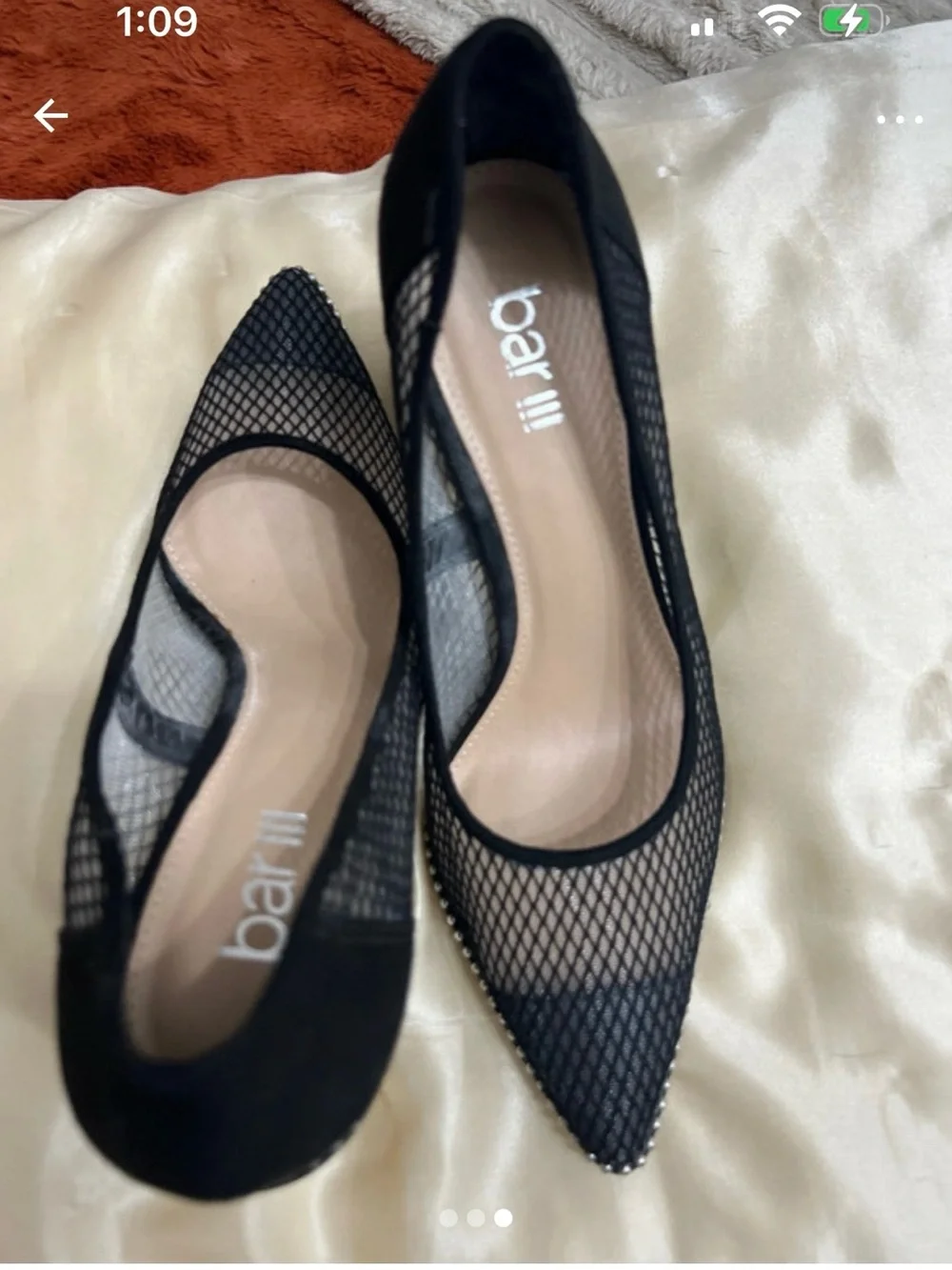 Pointed Black Mesh Heels with Studded Trim
